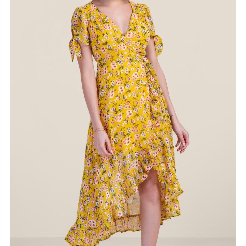 XS High Lo Yellow Floral Wrap Dress Francesca’s